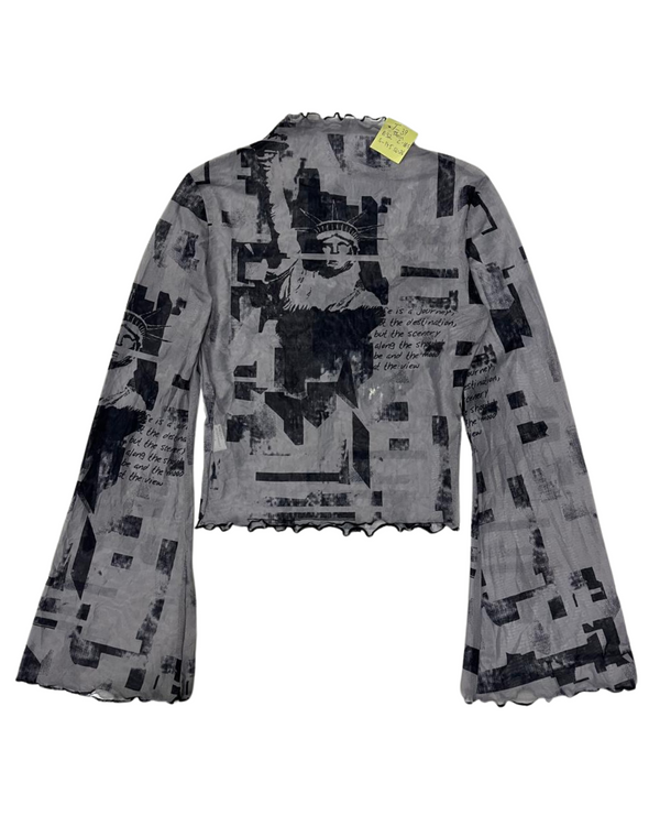 Shein Statue of Liberty Print Mesh Bell Sleeve Top