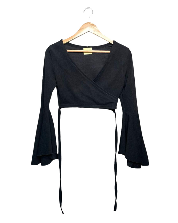 Shein Black Bell Sleeve Wrap Crop Top