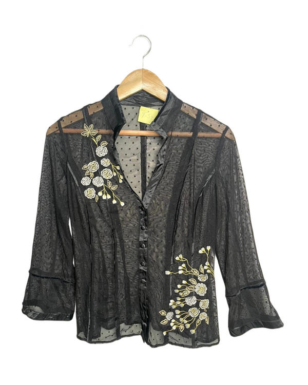 Black Floral Embellished Button-Up Shirt