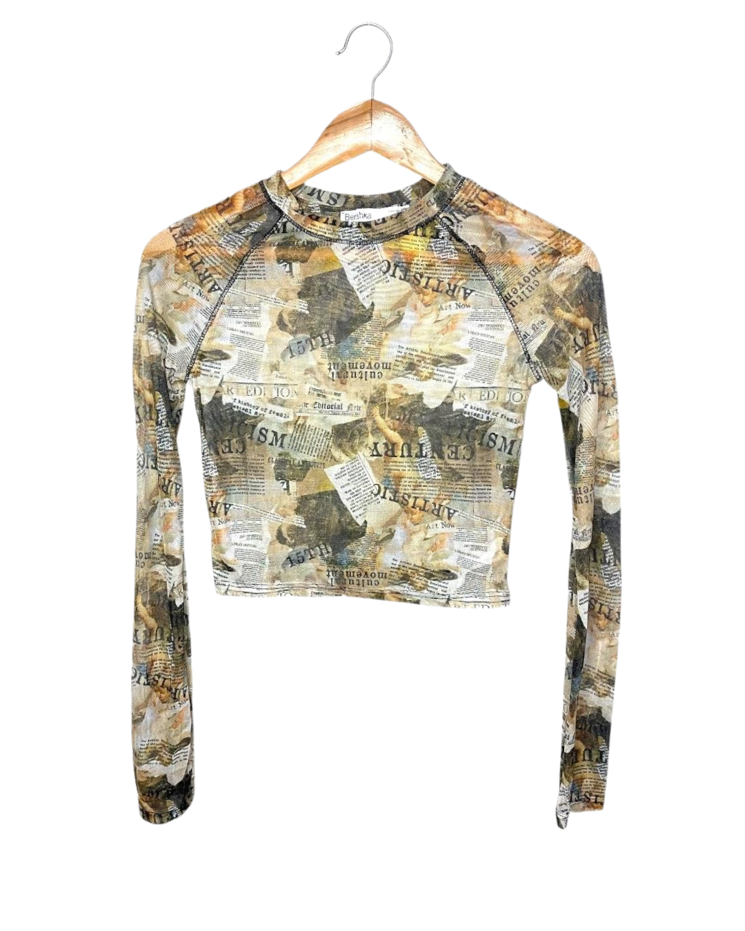 Bershka Newspaper Print Mesh Long Sleeve Top