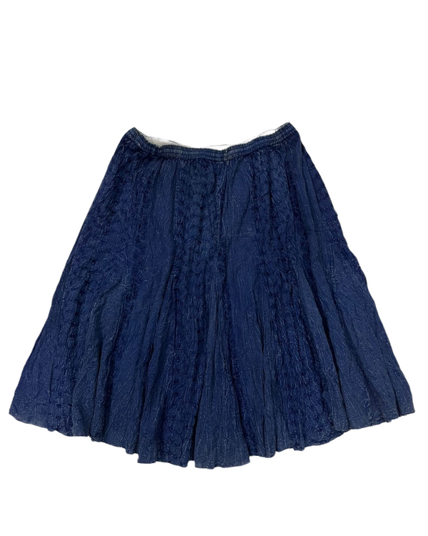 Blue Crinkled A-Line Embroidery Skirt