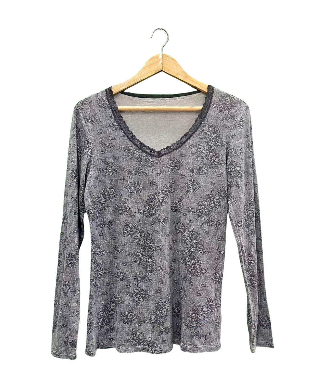 Floral Print Long-Sleeve V-Neck Top with Lace Trim