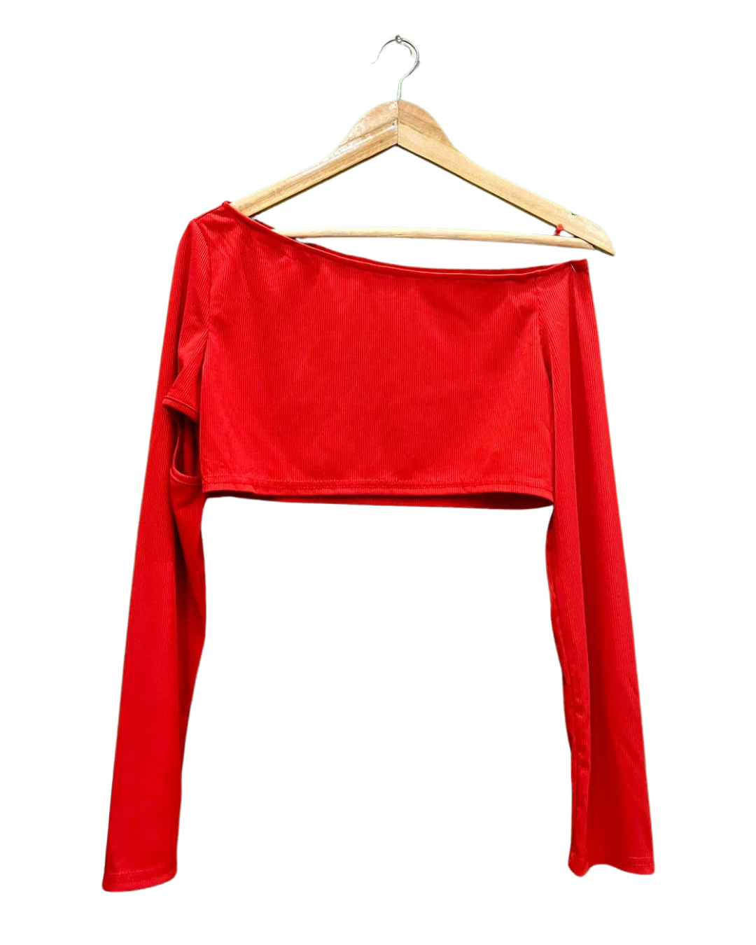 Red Ribbed Off-the-Shoulder Crop Top