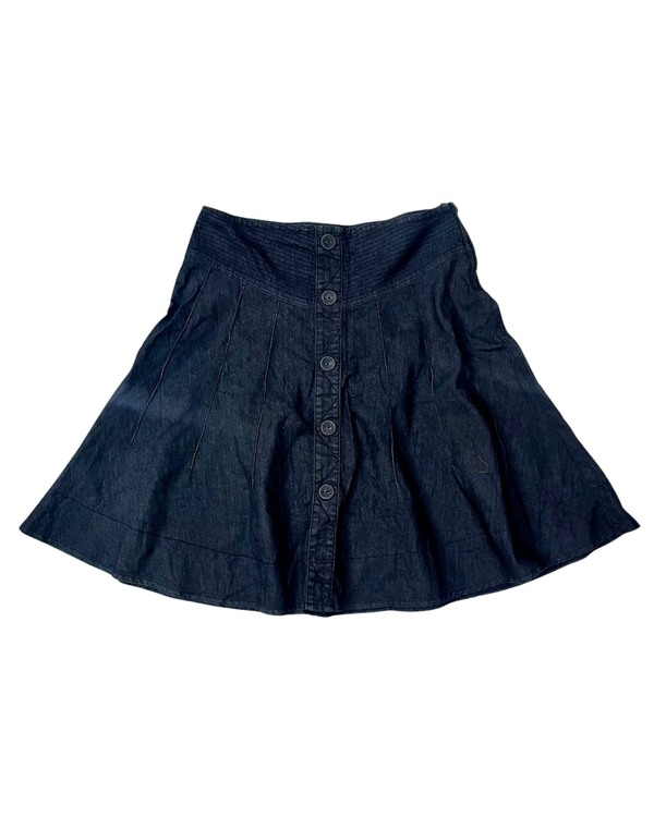 Pleated Dark-Wash Denim Skirt with Buttons