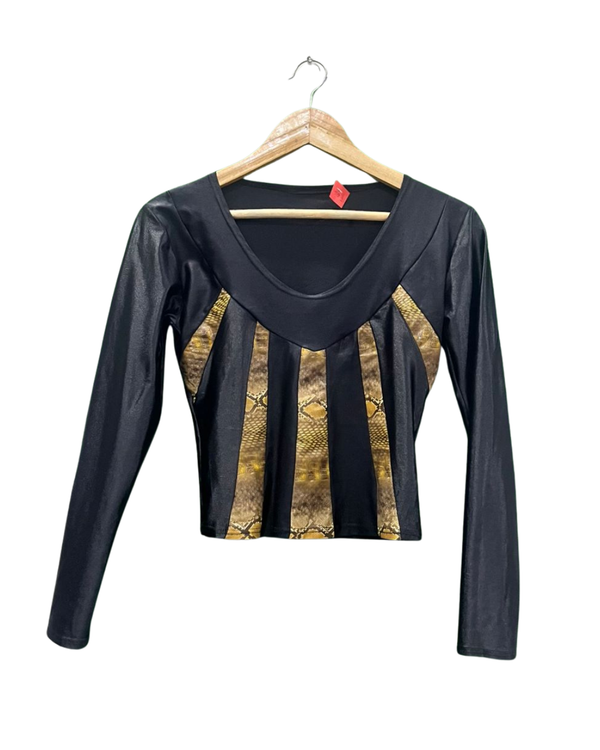 Snakeskin Panel Long-Sleeve Crop Top