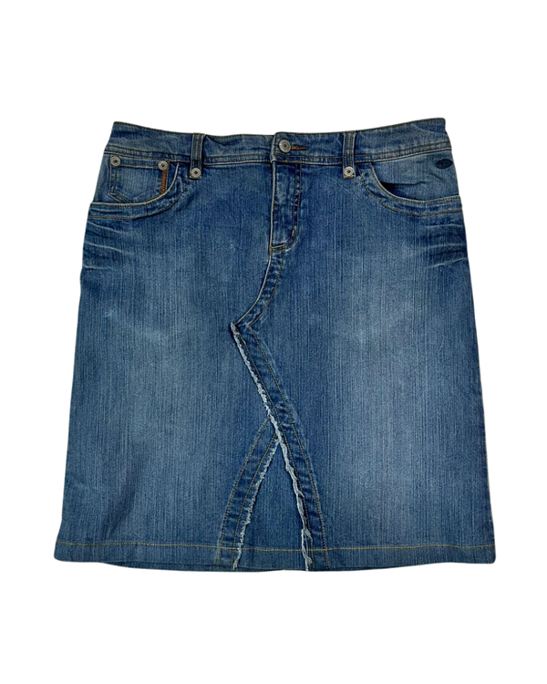 A-Line Frayed Hem Denim Mini Skirt