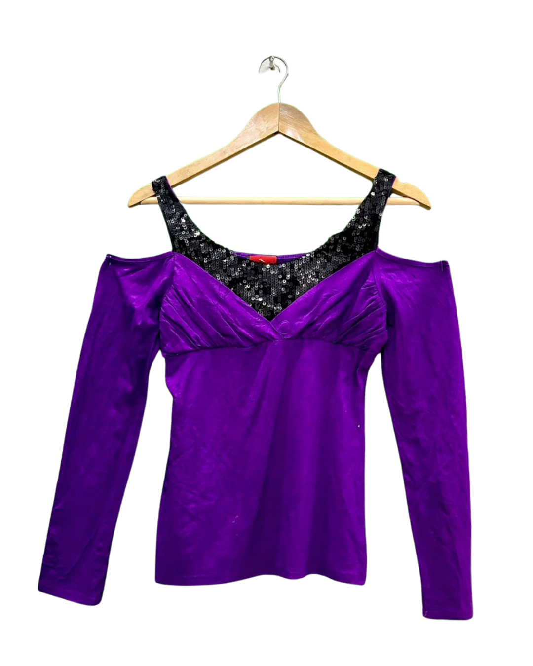 Purple Cold-Shoulder Sequin V-Neck Top
