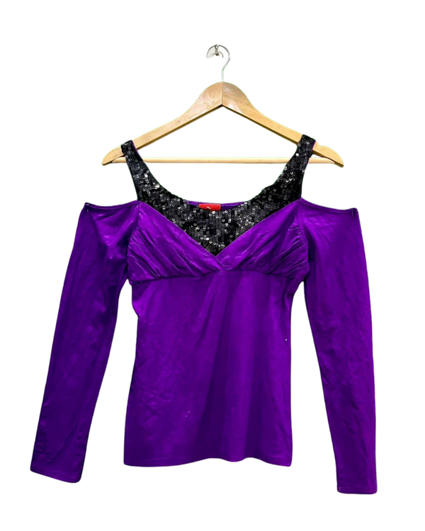 Purple Cold-Shoulder Sequin V-Neck Top