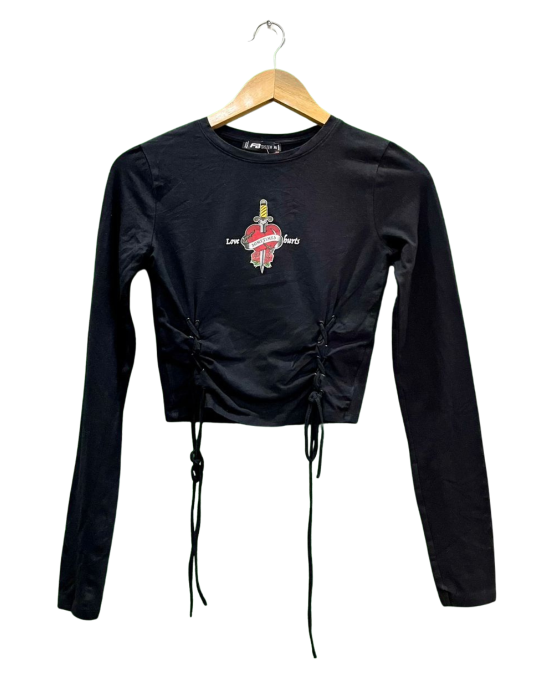 Black Graphic Lace-Up Crop Top