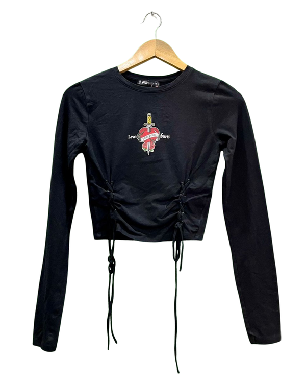 Black Graphic Lace-Up Crop Top