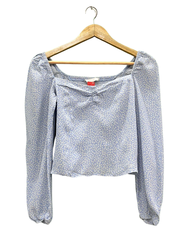 Light Blue Micro Floral Puff Sleeve Top