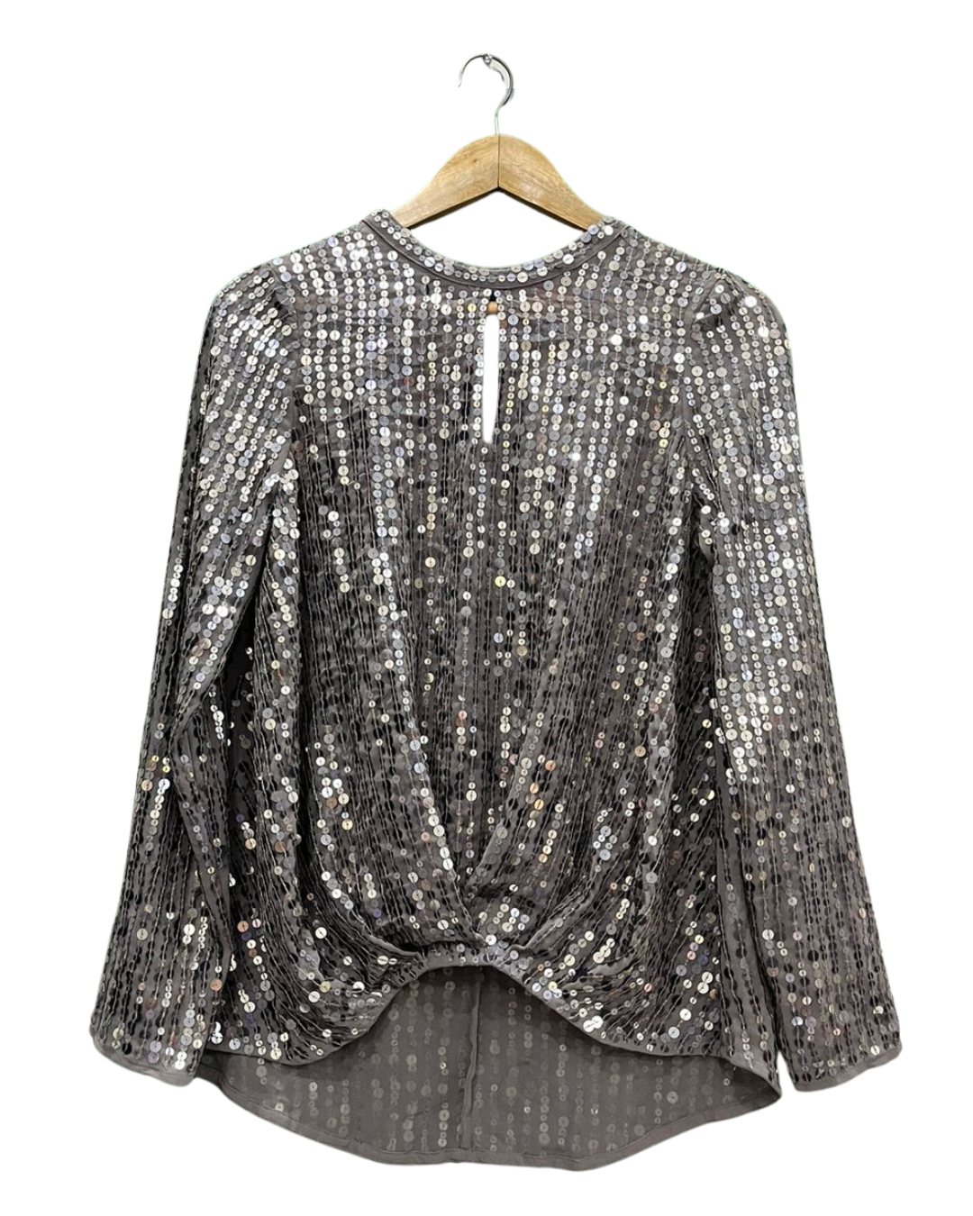 Silver Sequin Twisted-Front Long-Sleeve Top