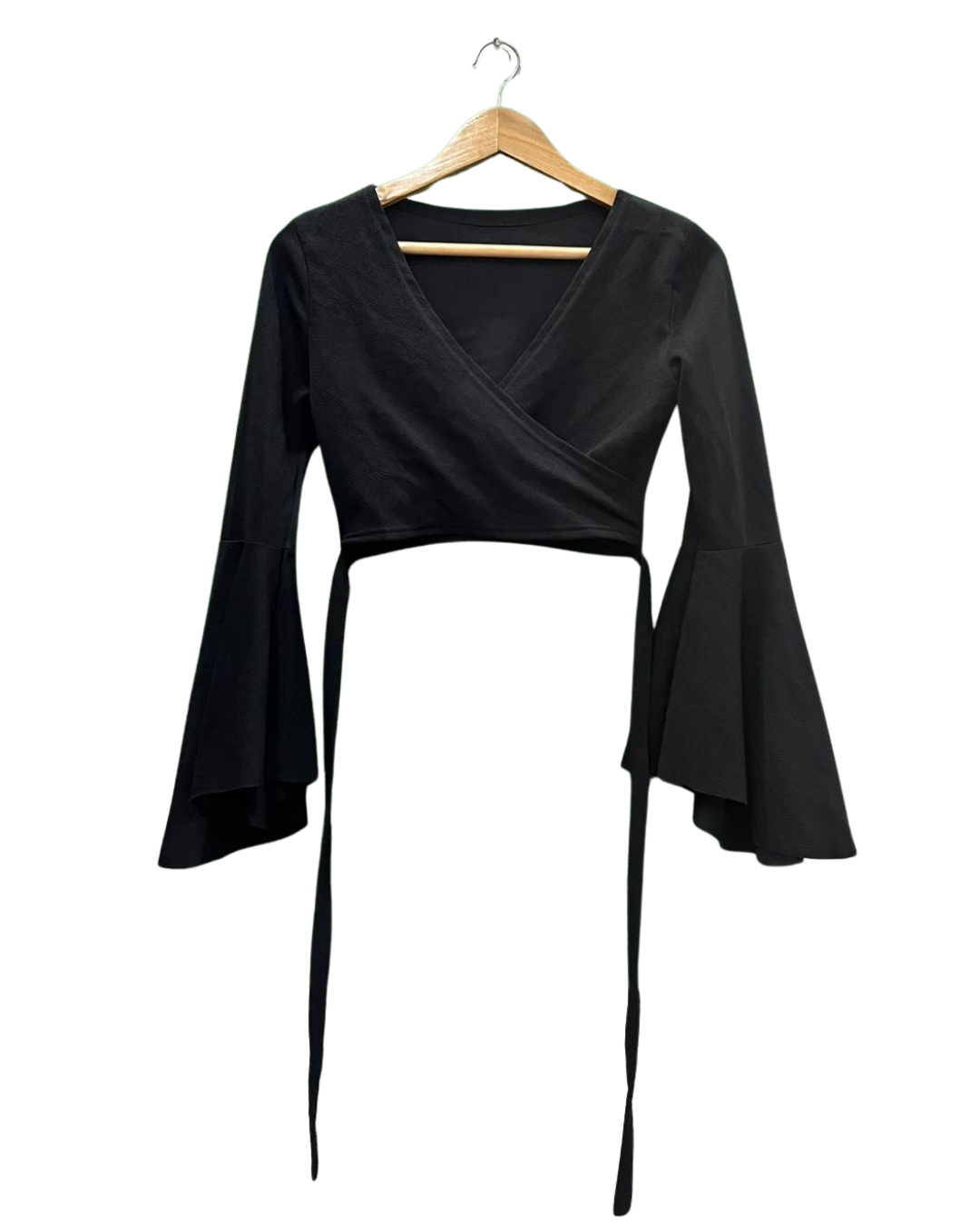 Black Bell Sleeve Wrap Crop Top