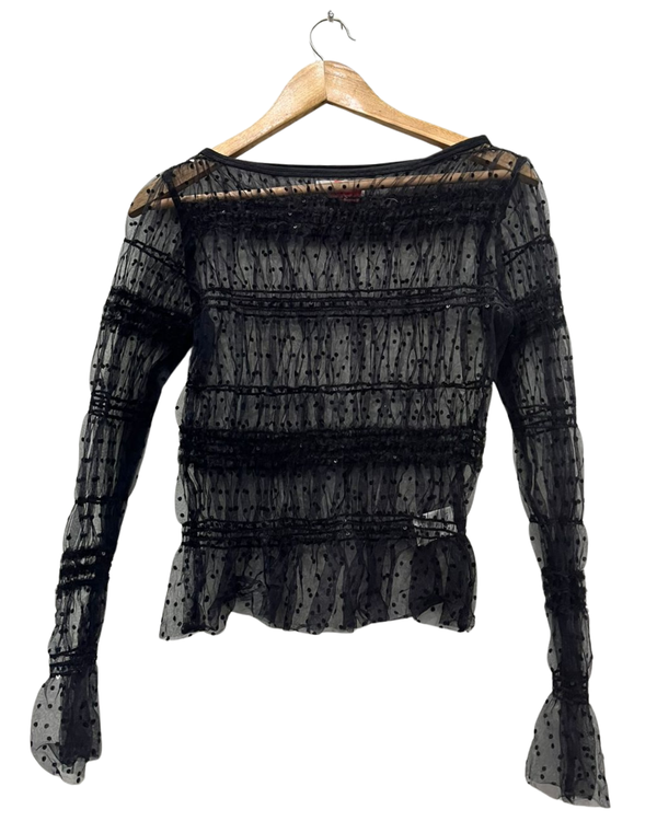Black Sheer Polka Dot Ruffle Top