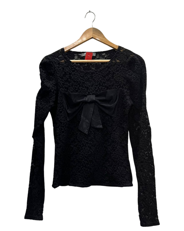 Black Lace Bow Front Long-Sleeve Top