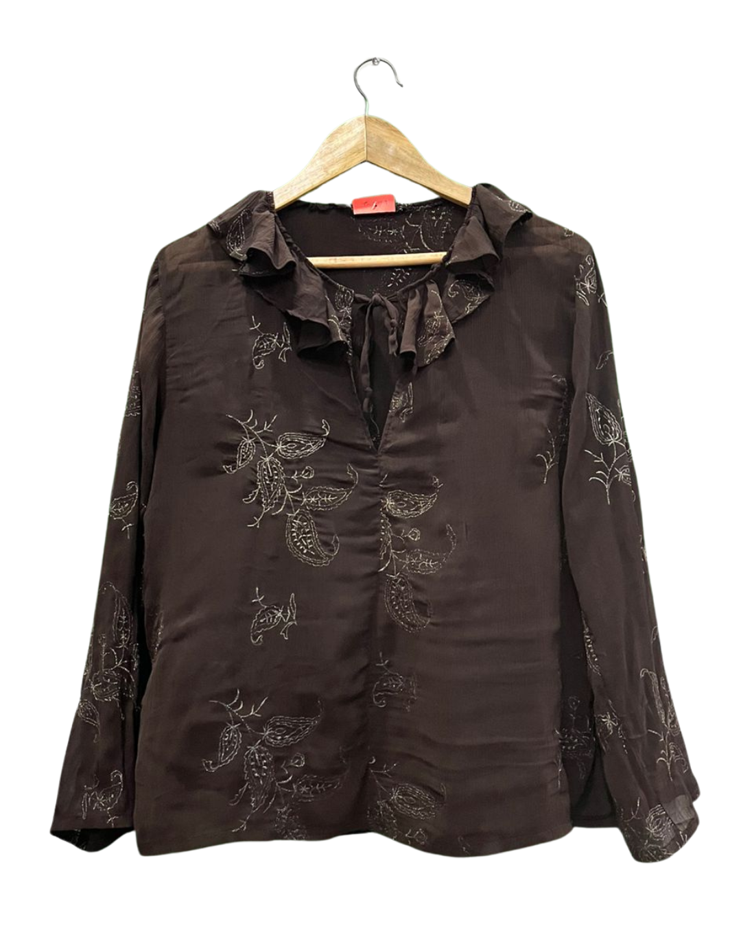 Brown Paisley Print Ruffle V-Neck Top