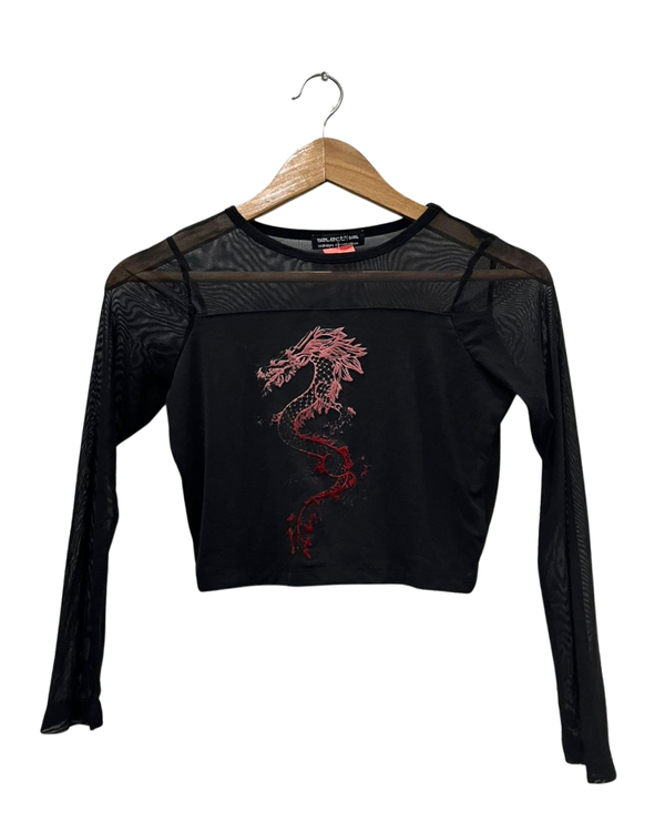 Cropped Mesh Dragon Print Top