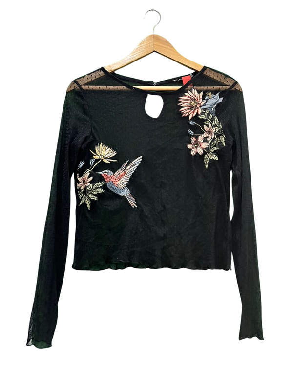 Hummingbird & Floral Embroidered Mesh Top