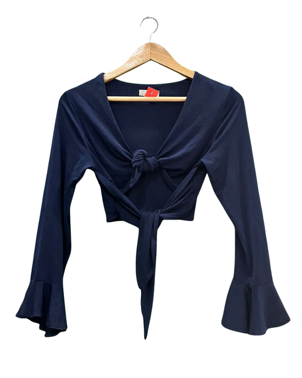 Blue Tie-Front Bell Sleeve Crop Top