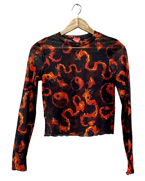 Black Mesh Flame Dragon Crop Top