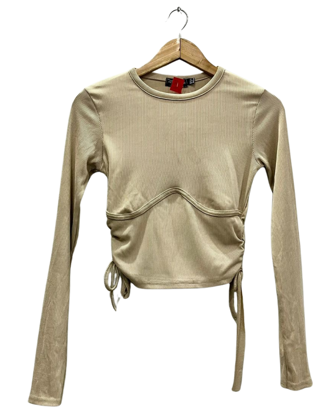 Beige Ribbed Long-Sleeve Ruched Crop Top