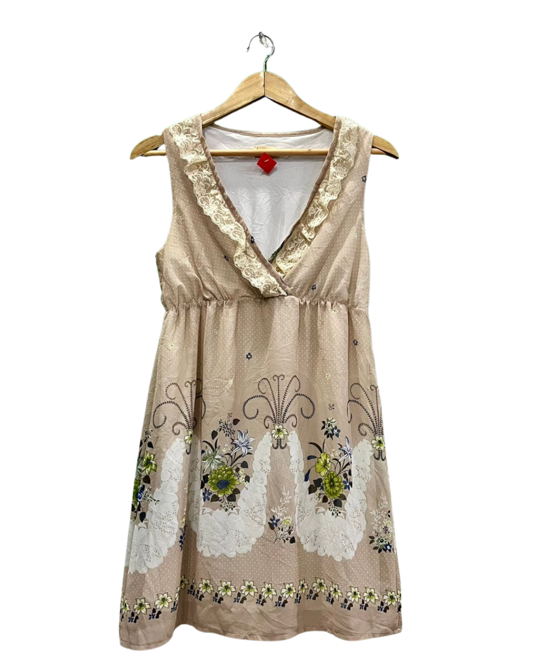 Beige Floral Print Lace Trim Dress