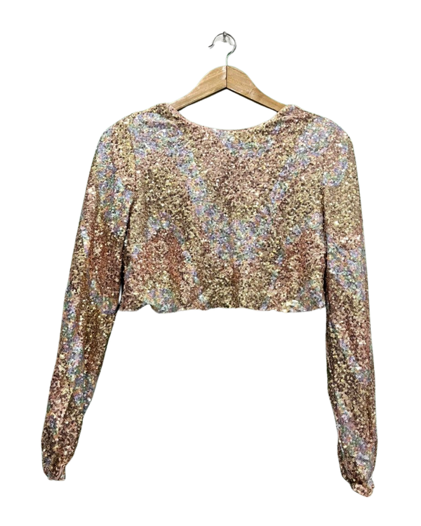 Multi-Color Sequin Long-Sleeve Crop Top