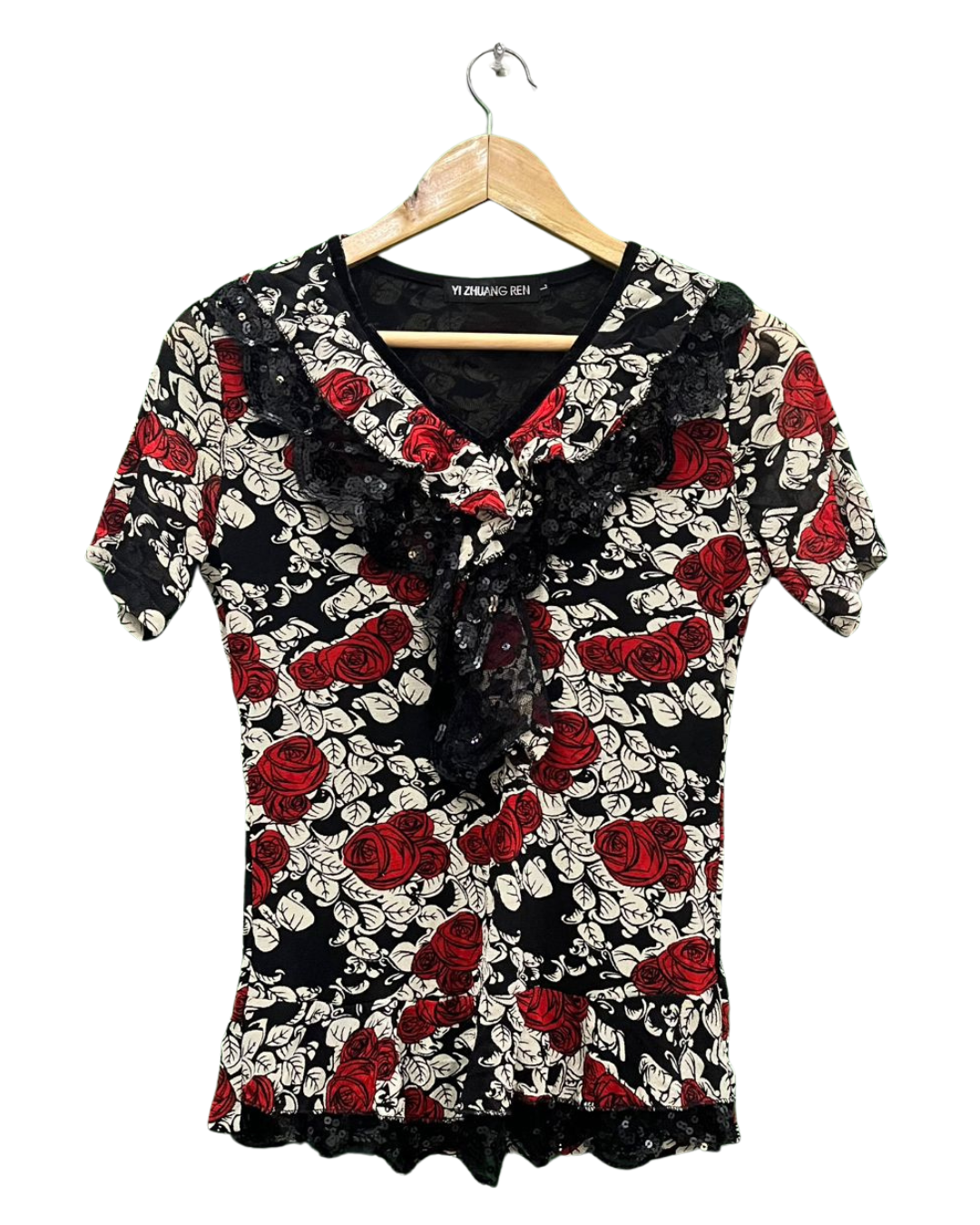 Black and Red Rose Print Lace Trim Top