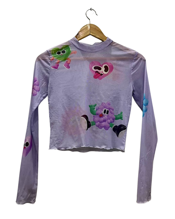 Printed Mesh Long-Sleeve Crop Top