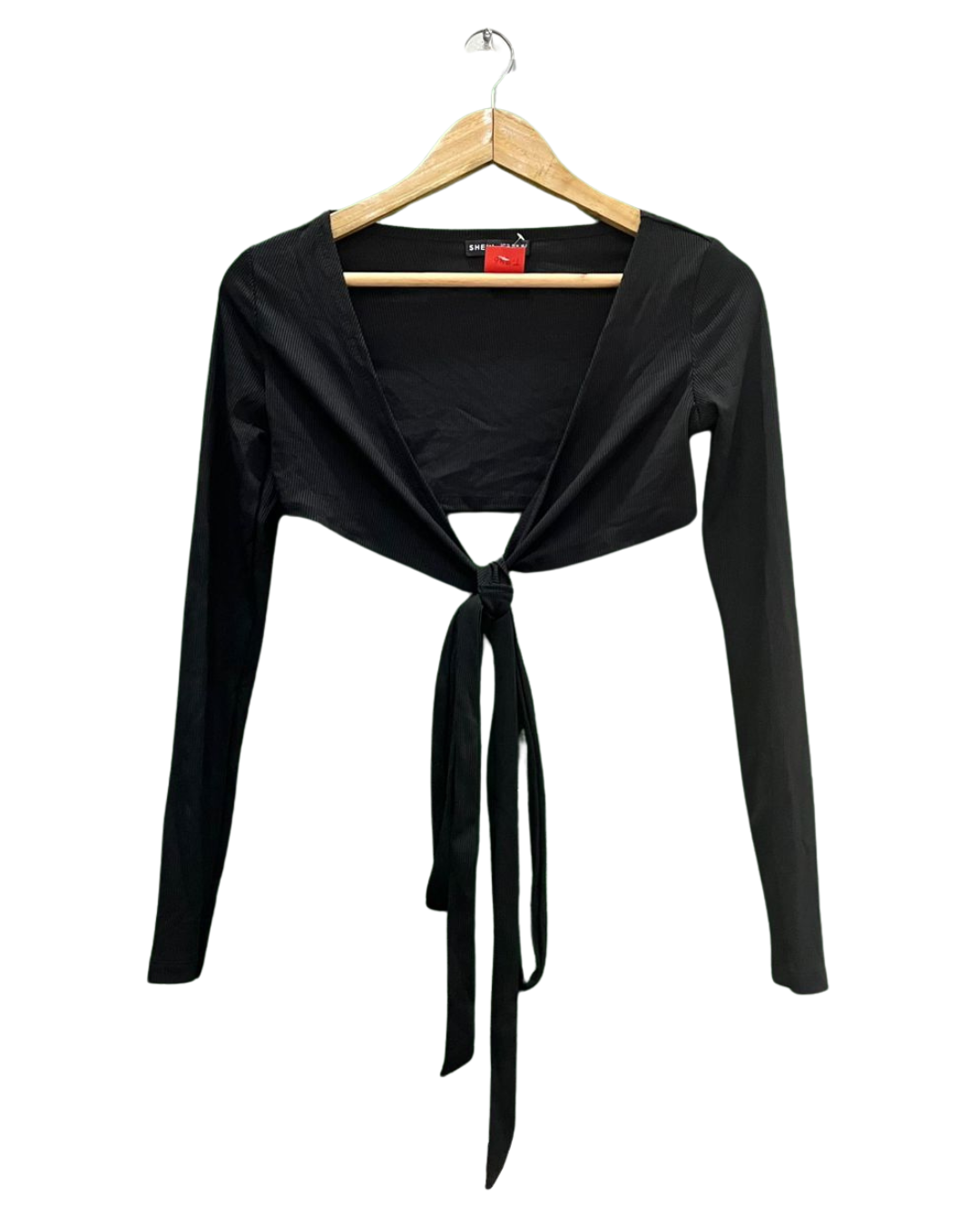 Shein Black Ribbed Tie-Front Crop Top