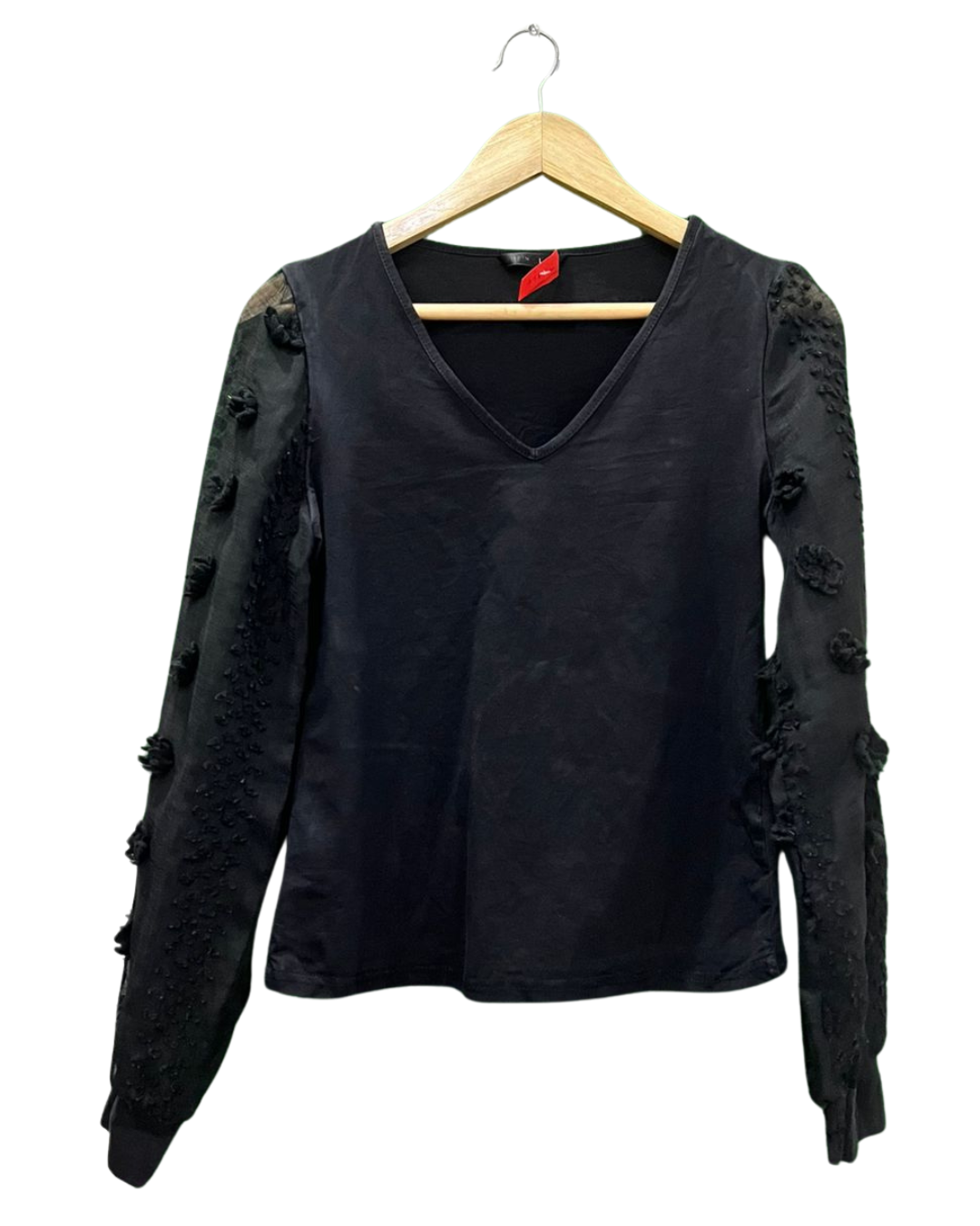 Shein Black Sheer Floral Sleeve Top