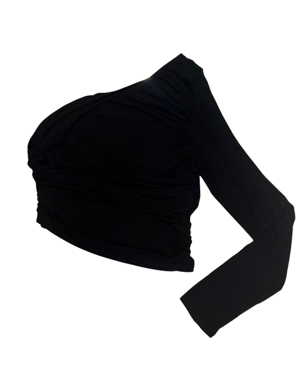 Black One-Shoulder Ruched Crop Top