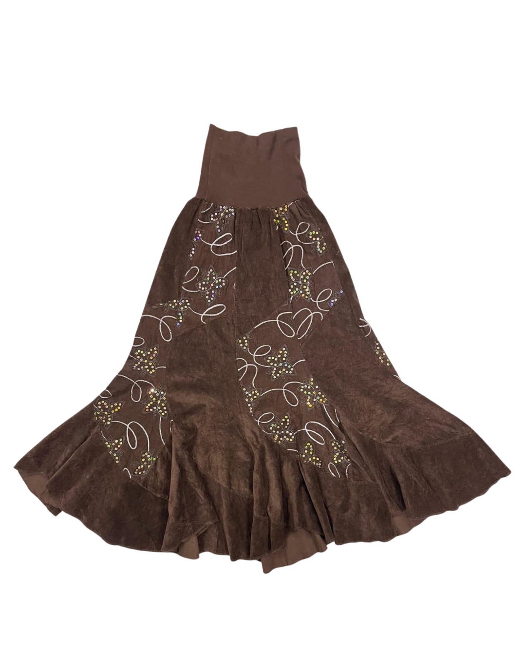 BROWN TIERED EMBELLISHED LONG SKIRT