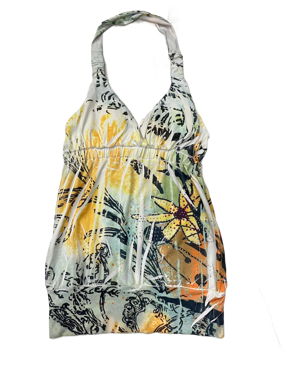 Vibrant Floral Print Smocked Halter Mini Dress