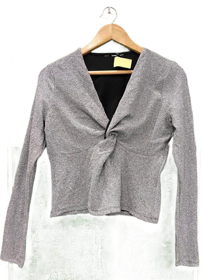 Silver Sparkle V-Neck Knot Front Top