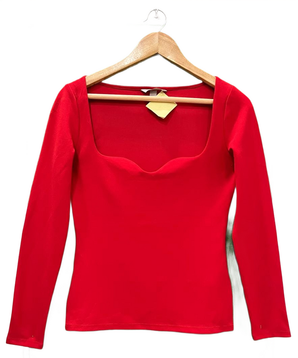 Red Sweetheart Neckline Long Sleeve Top