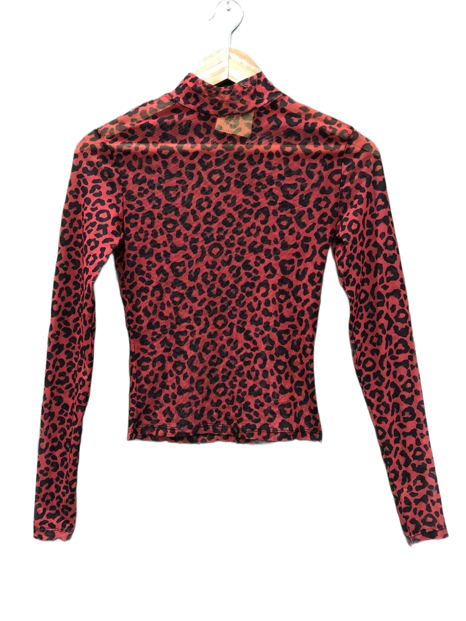 Pull & Bear Red Leopard Print Mesh Turtleneck Top