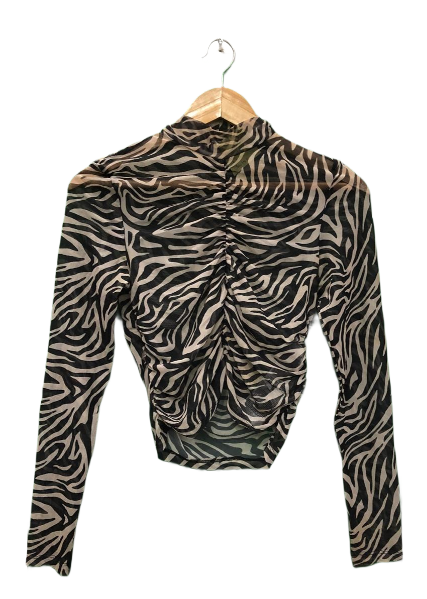 Zebra Print Ruched Mesh Long Sleeve Top