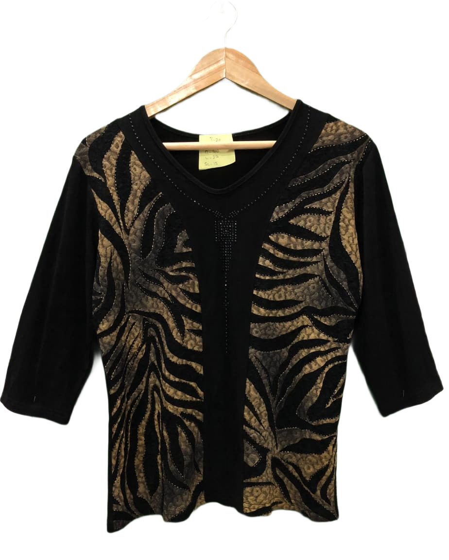 Safari Print Beaded V-Neck Top