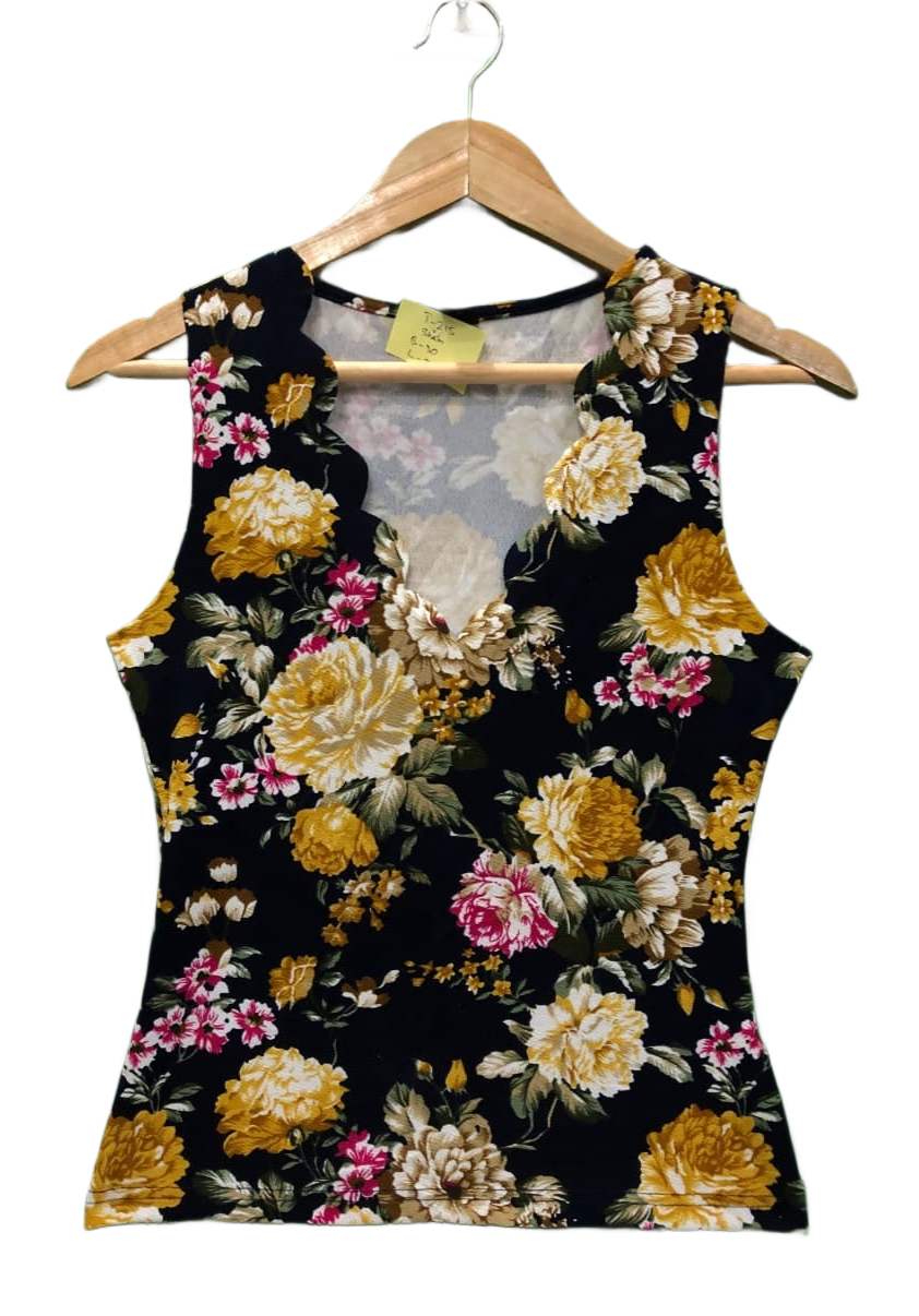 Black Multi-Floral Scallop Neck Top