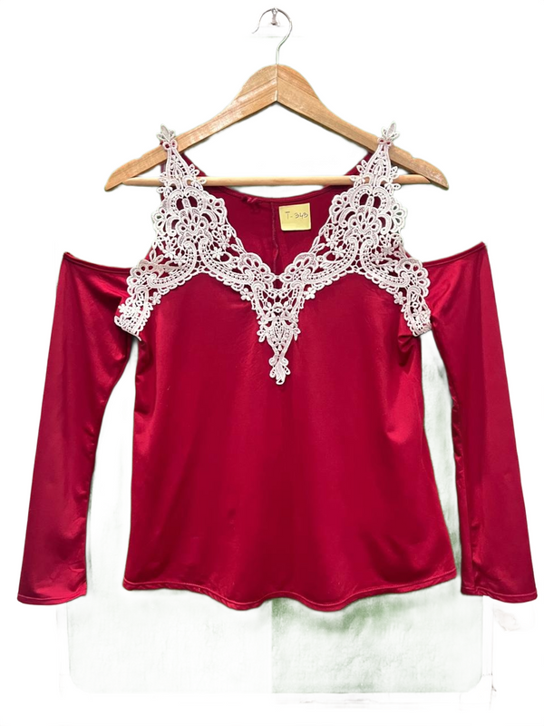Red Open Shoulder Long Sleeve Top