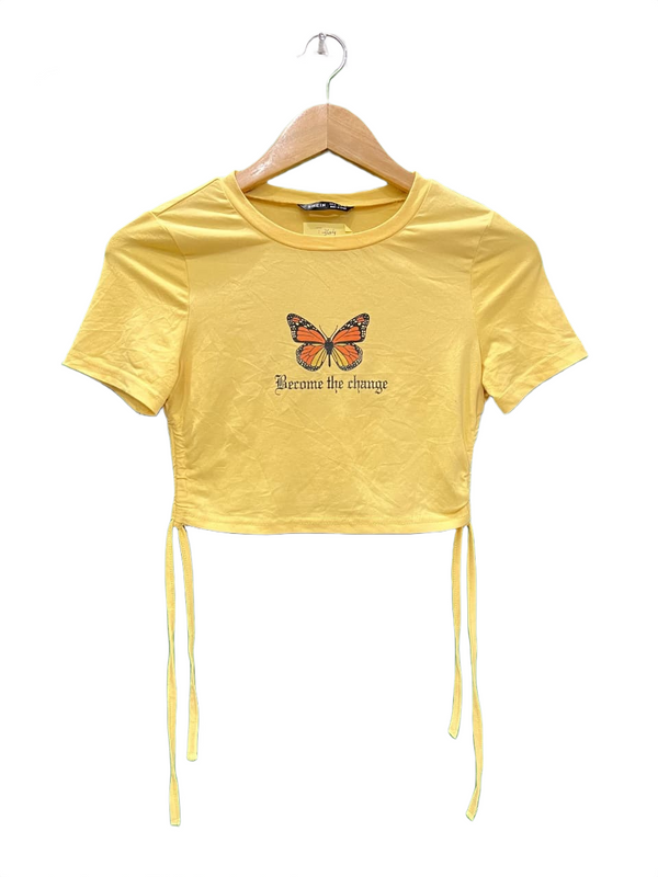Shein Butterfly Graphic Ruched Knot Crop Top