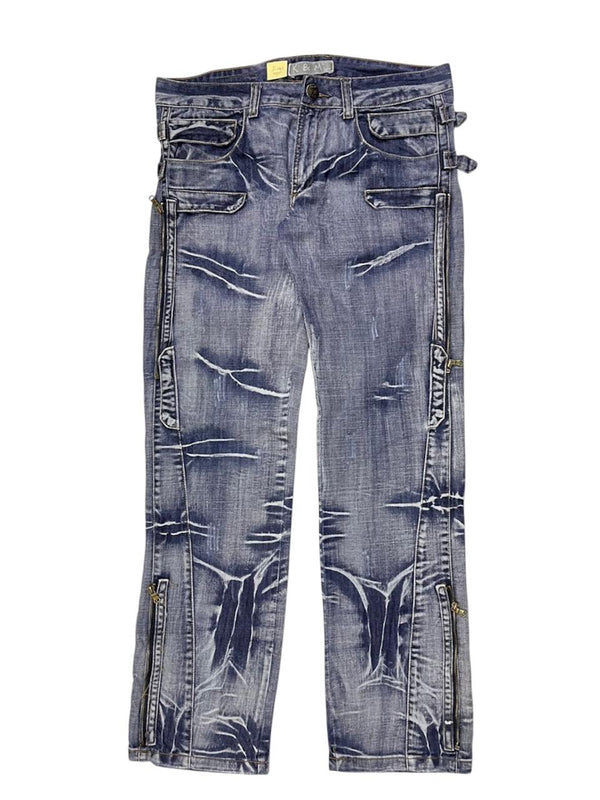 VINTAGE ACID WASH BONDAGE ZIPPER DETAIL JEANS