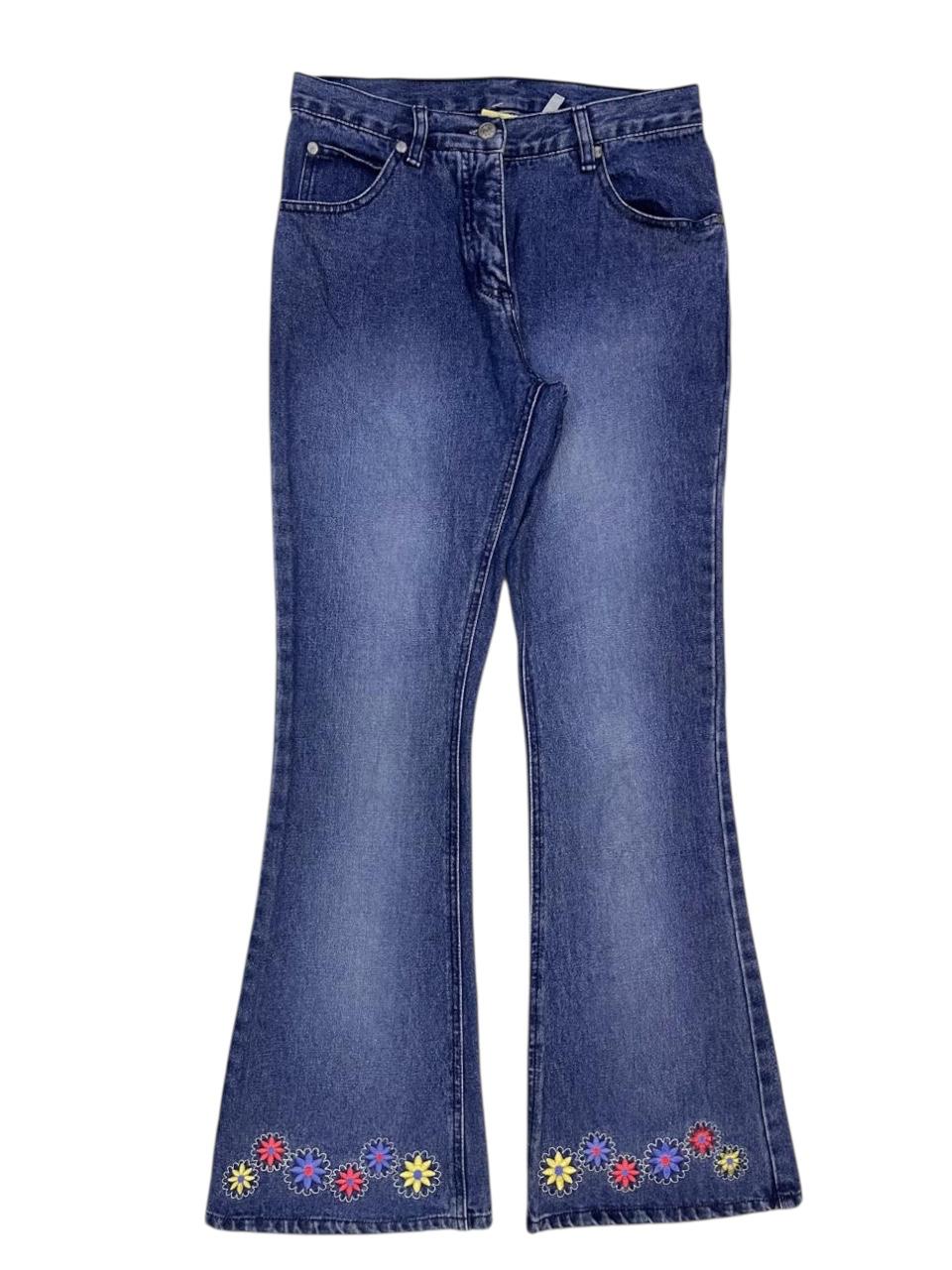 DENIM FLARED JEANS WITH FLORAL EMBROIDERED HEM