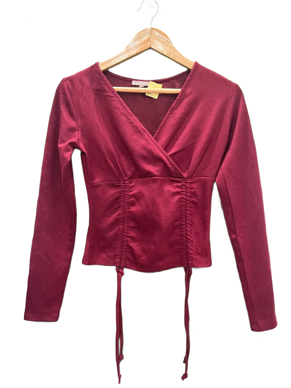 Ribbed Drawstring Long Sleeve Top