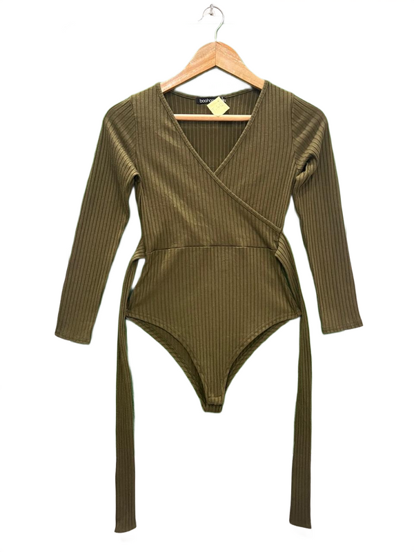 BooHoo Ribbed Wrap Bodysuit
