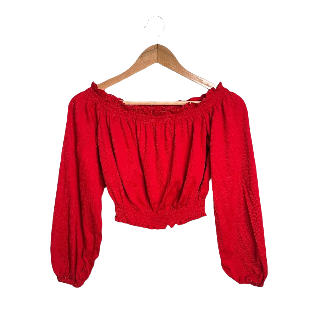 Red Off-Shoulder Smocked Crop Top