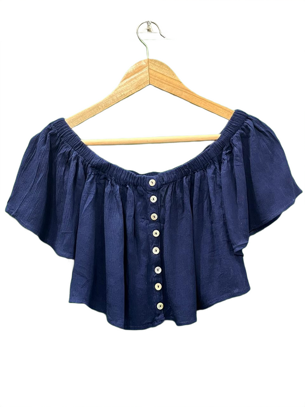 Pull & Bear Off-Shoulder Button-Up Crop Top