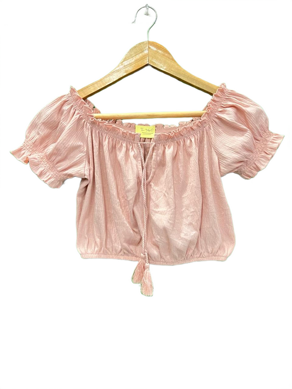 Pink Off-Shoulder Tassel Crop Top