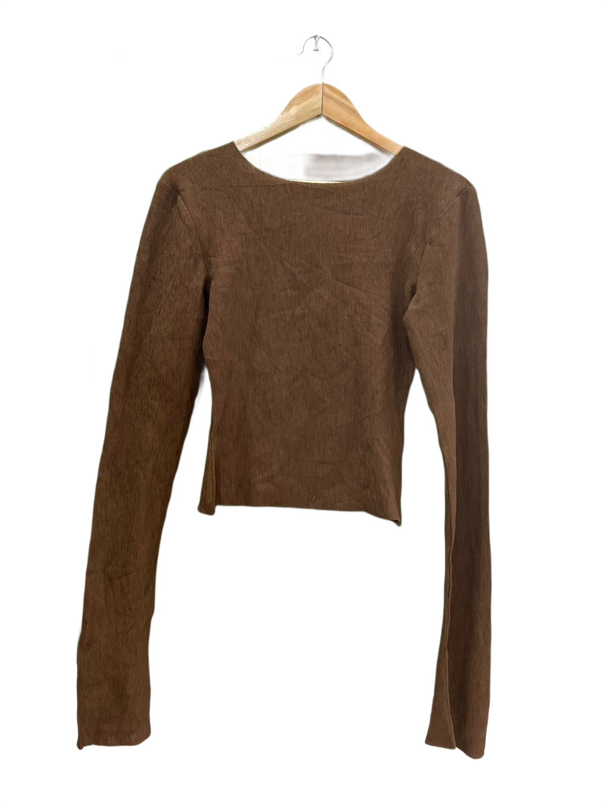 Brown Ribbed Cropped Long Sleeve Top